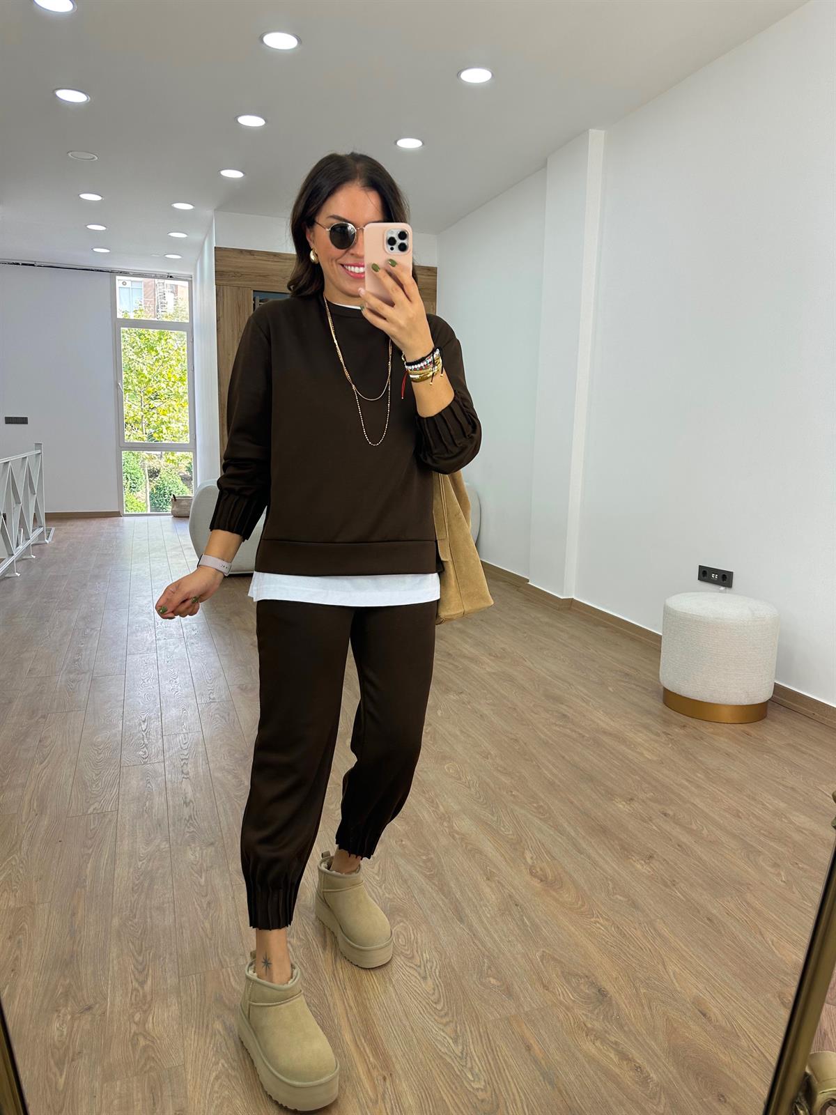 Modal Kumaş Dikiş Detaylı Eşofman Takımı-Kahverengi