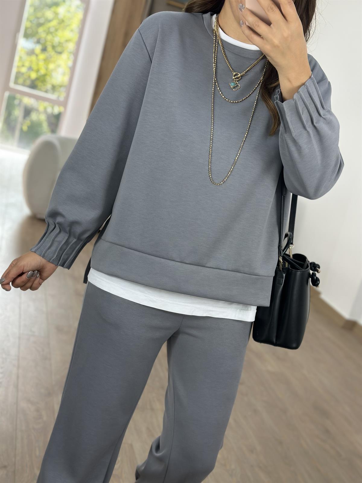 Modal Kumaş Dikiş Detaylı Eşofman Takımı-Gri