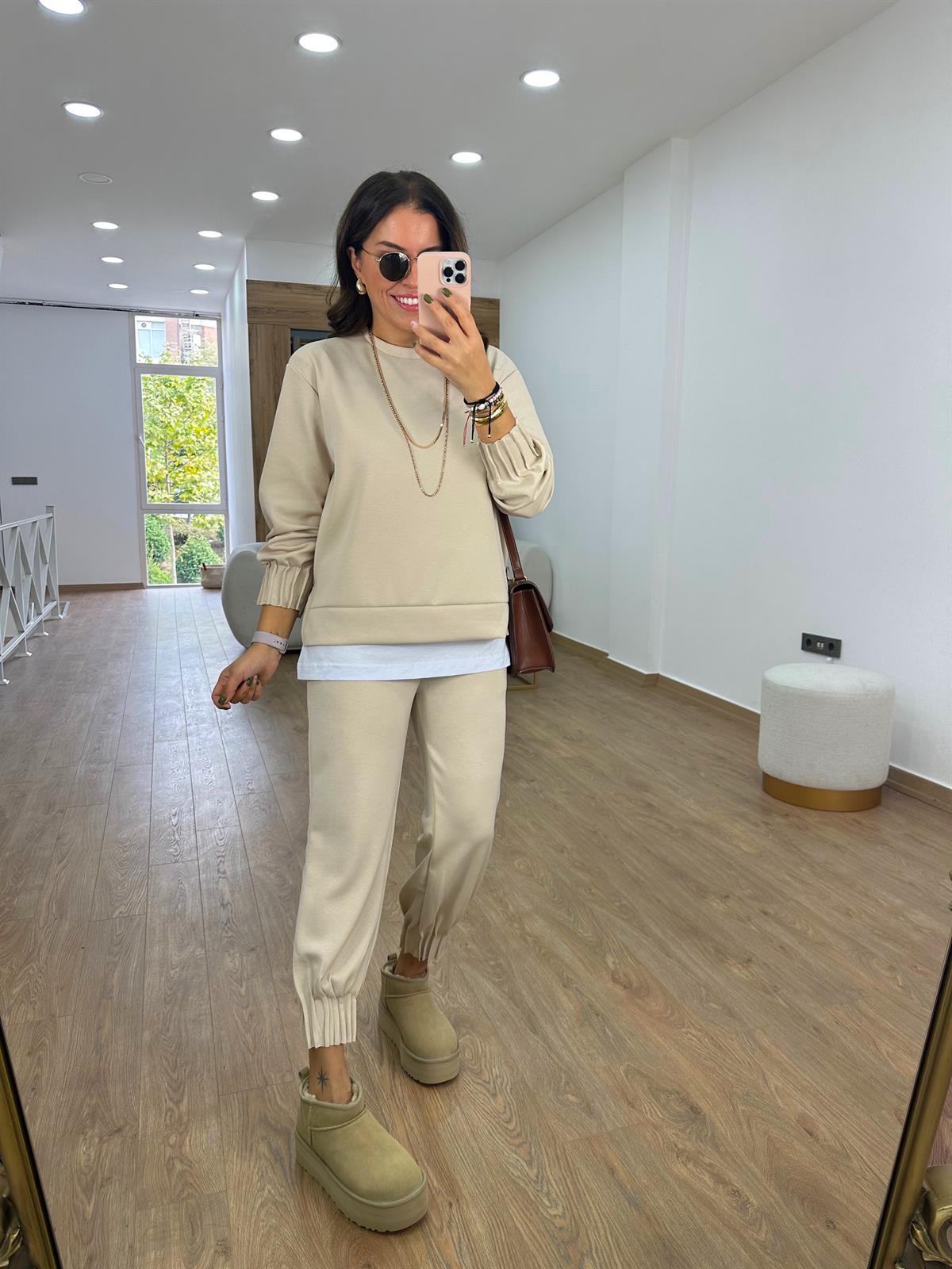 Modal Kumaş Dikiş Detaylı Eşofman Takımı-Taş