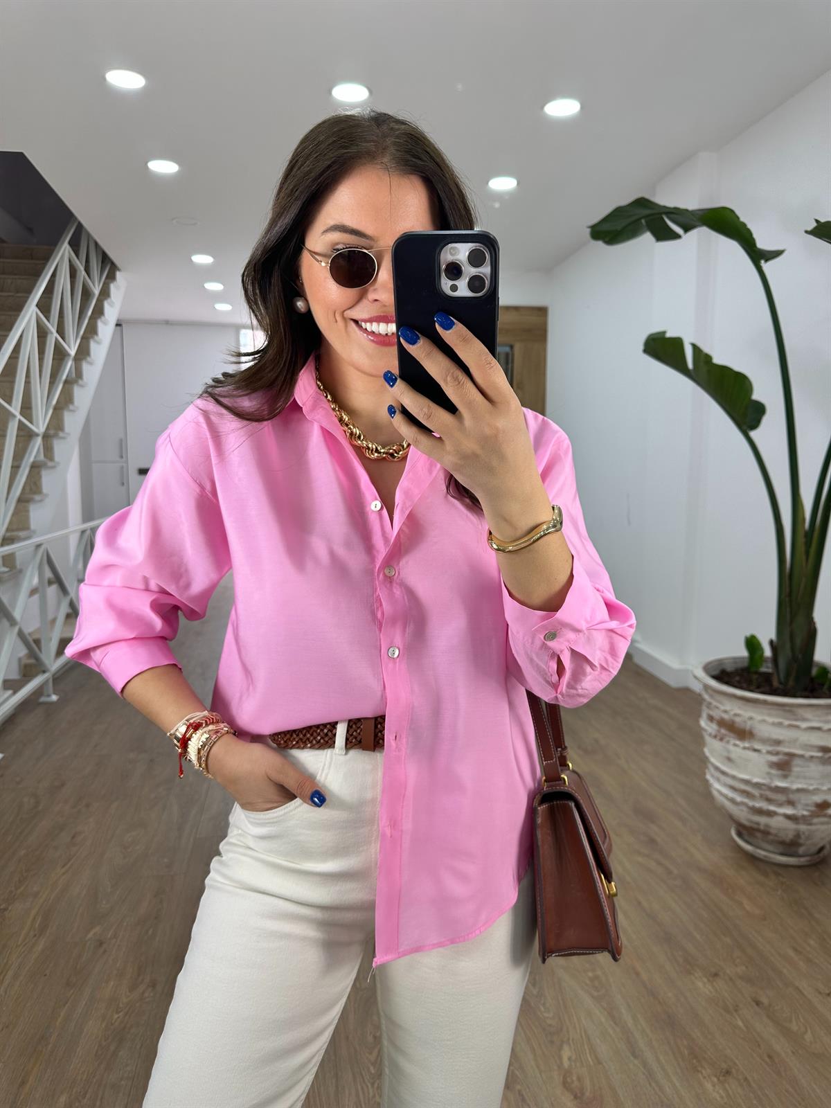 Modal Kumaş Tiril Basic Gömlek-Pembe