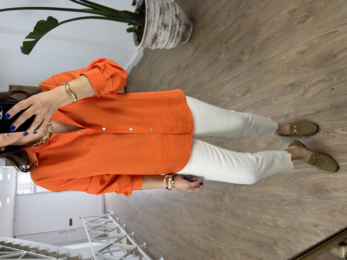 Modal Kumaş Tiril Basic Gömlek-Turuncu