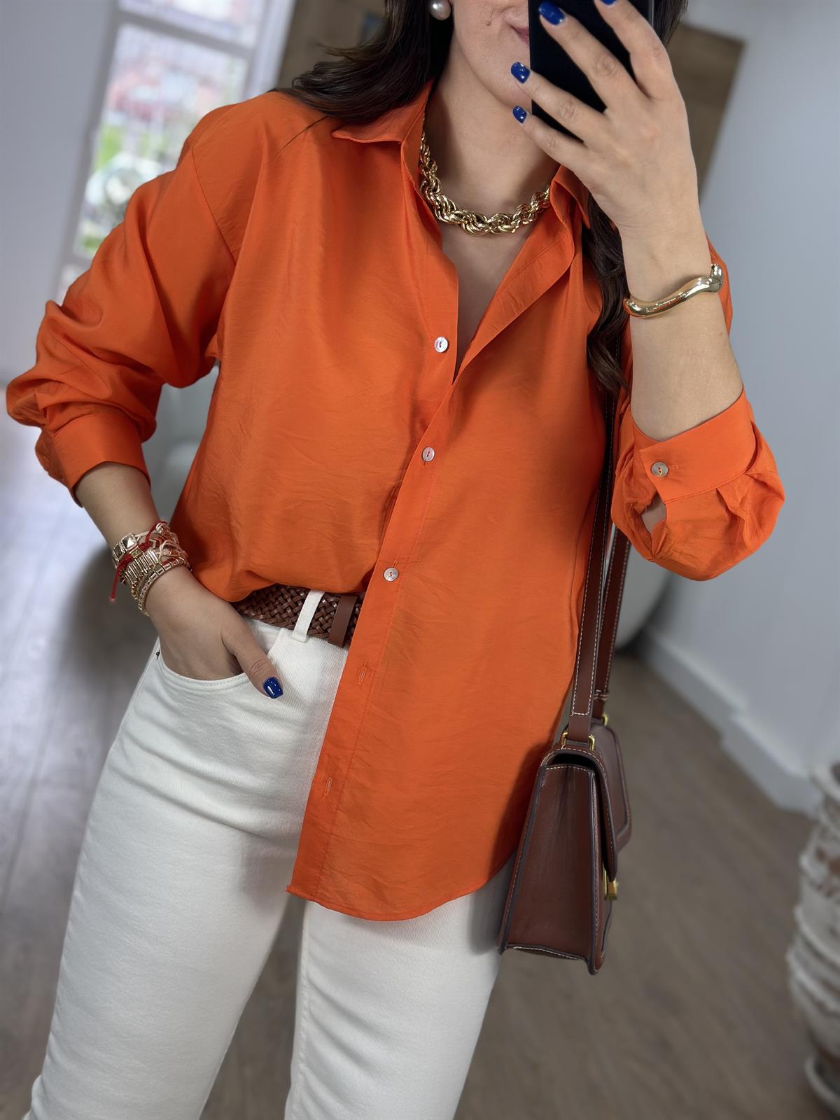 Modal Kumaş Tiril Basic Gömlek-Turuncu