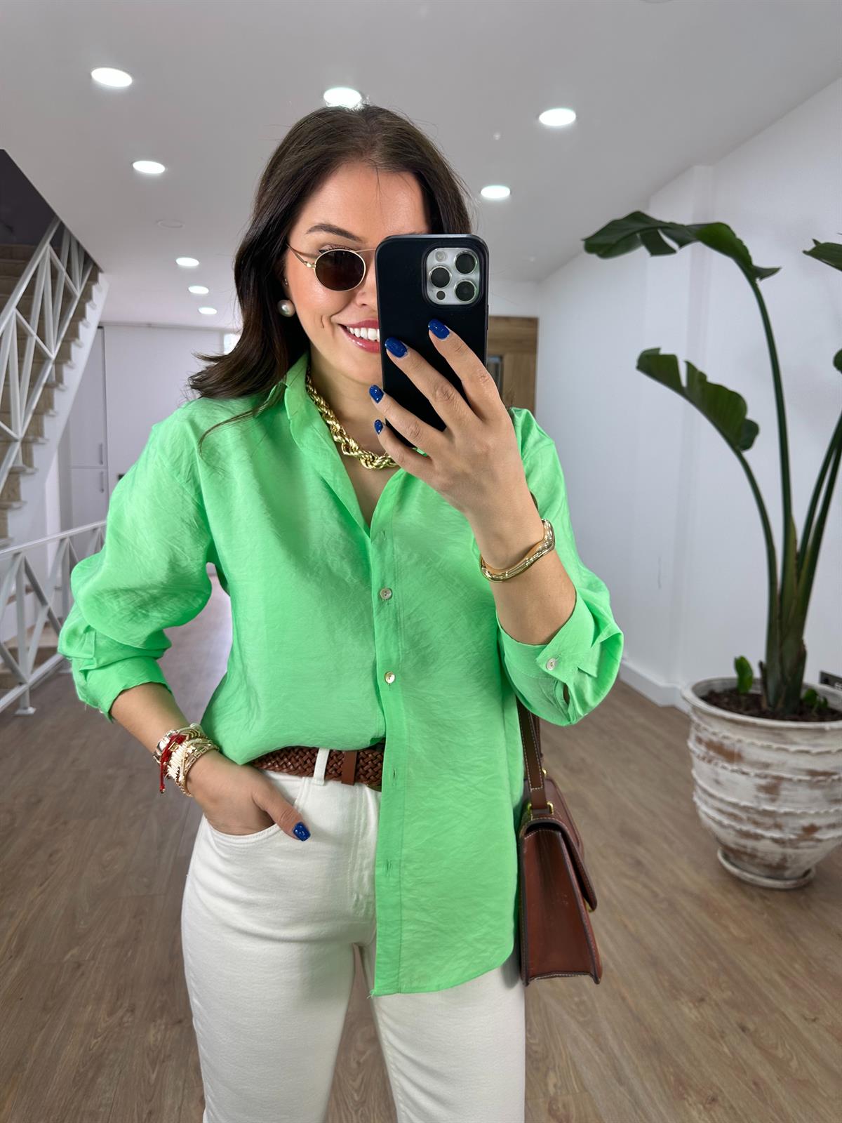 Modal Kumaş Tiril Basic Gömlek-Yeşil