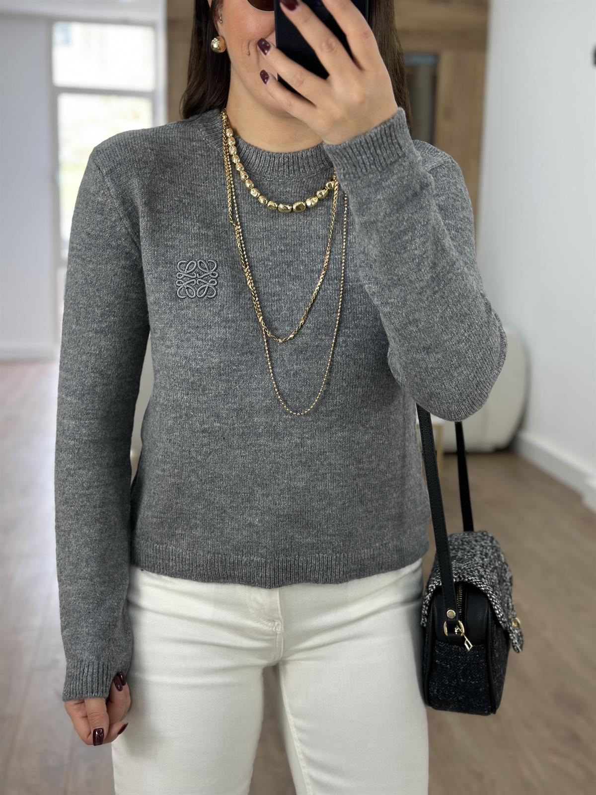 Nakış Detaylı Bisiklet Yaka Kazak-Gri