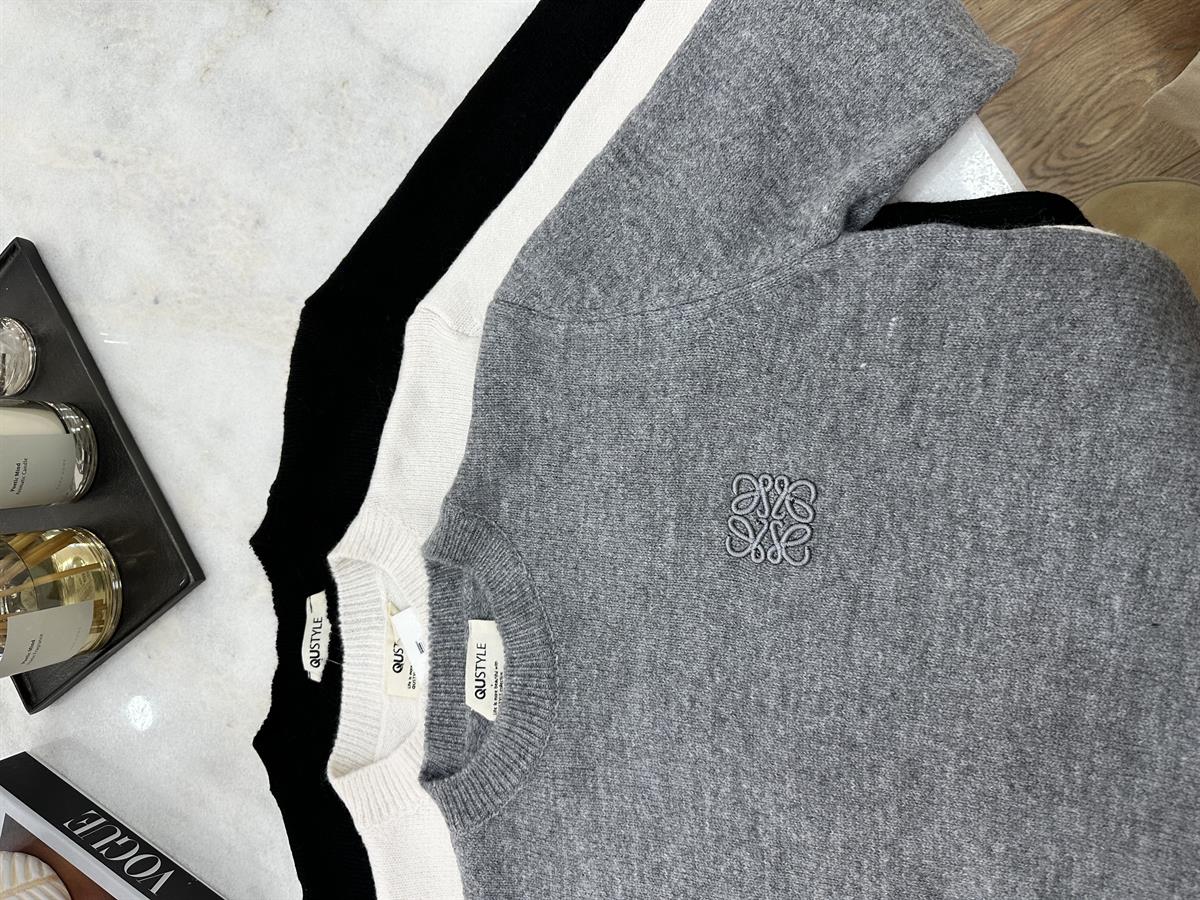 Nakış Detaylı Bisiklet Yaka Kazak-Gri