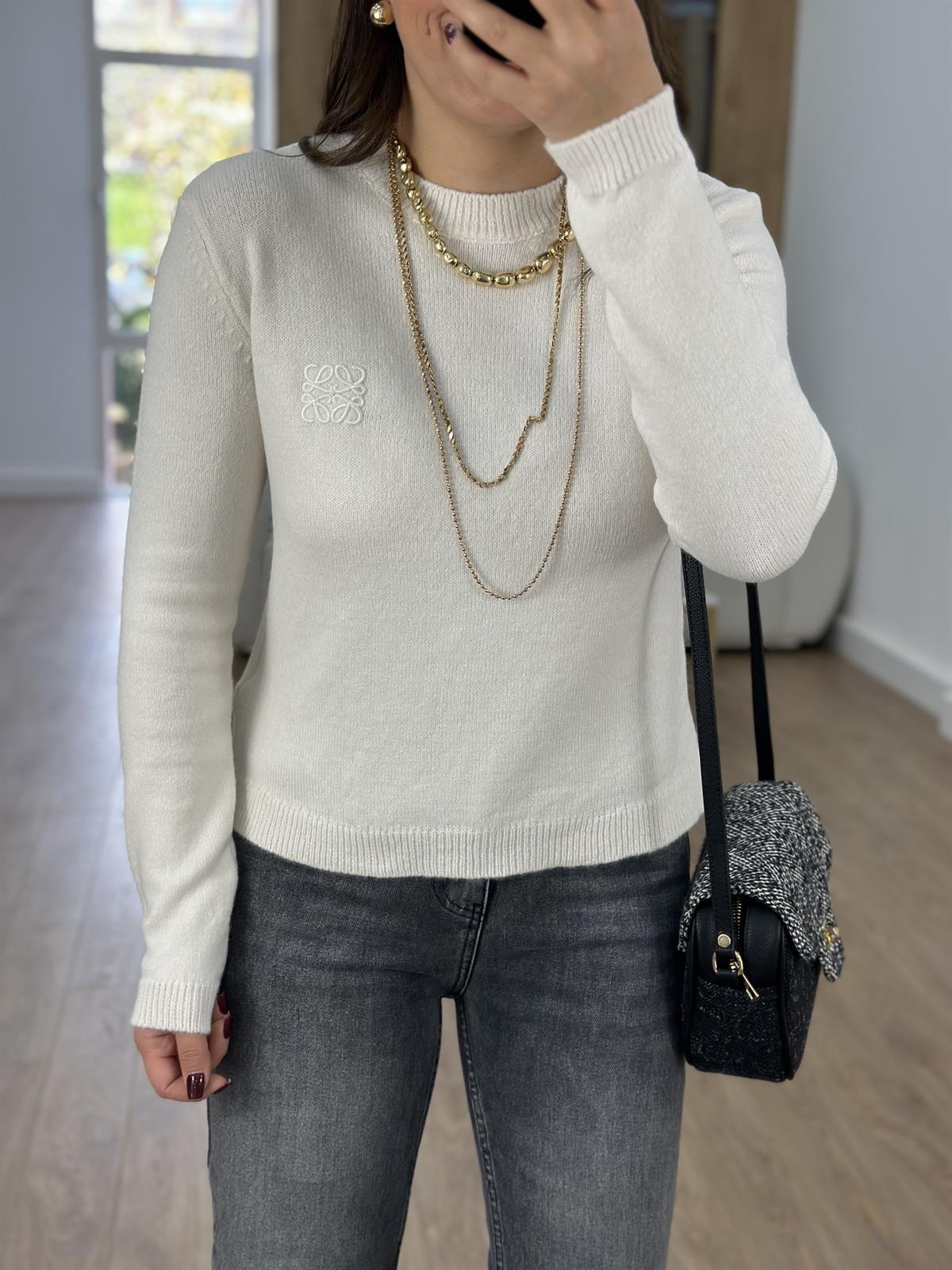 Nakış Detaylı Bisiklet Yaka Kazak-Krem