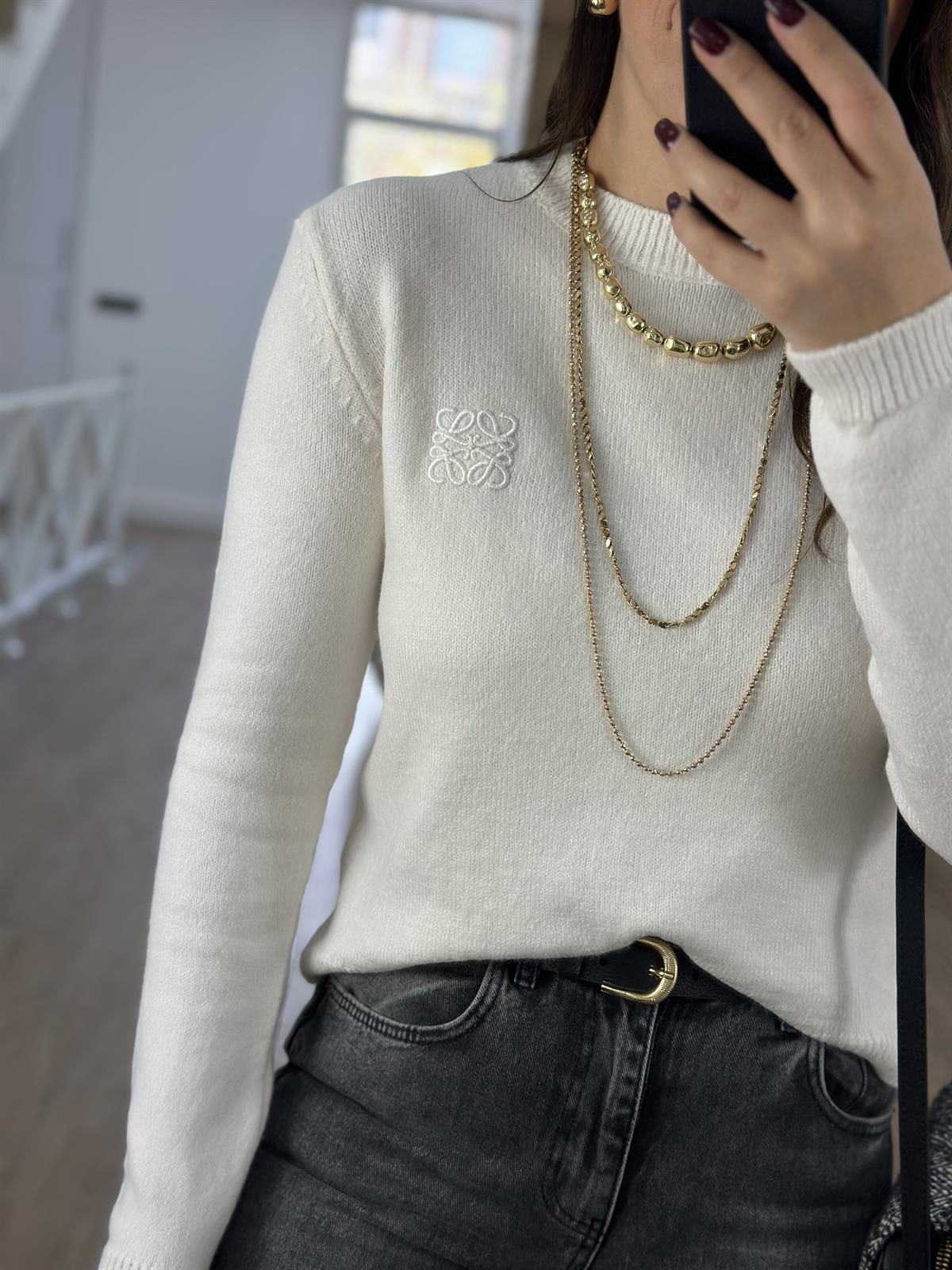 Nakış Detaylı Bisiklet Yaka Kazak-Krem