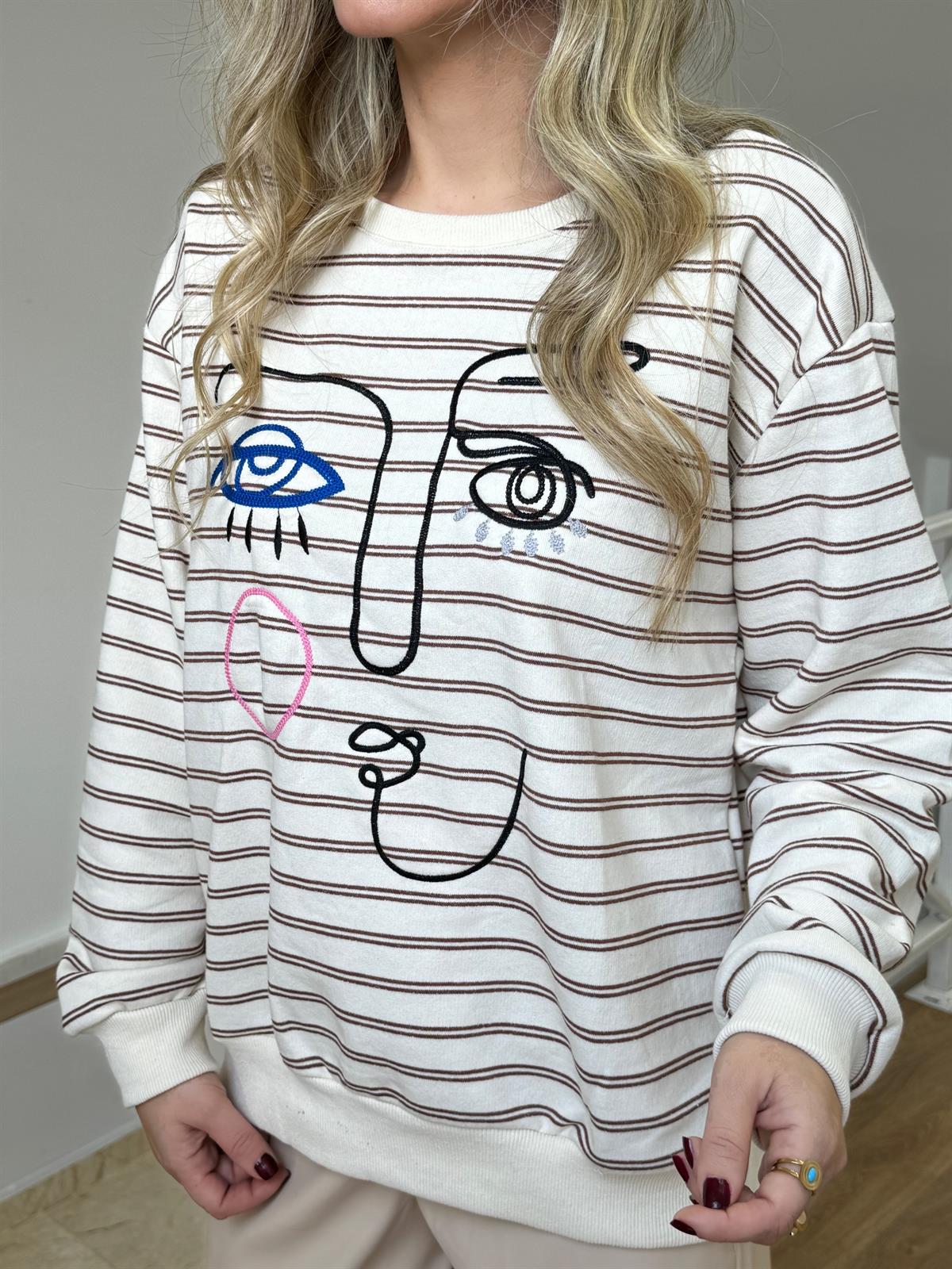 Nakış Detaylı Çizgili Sweatshirt - Kahverengi 