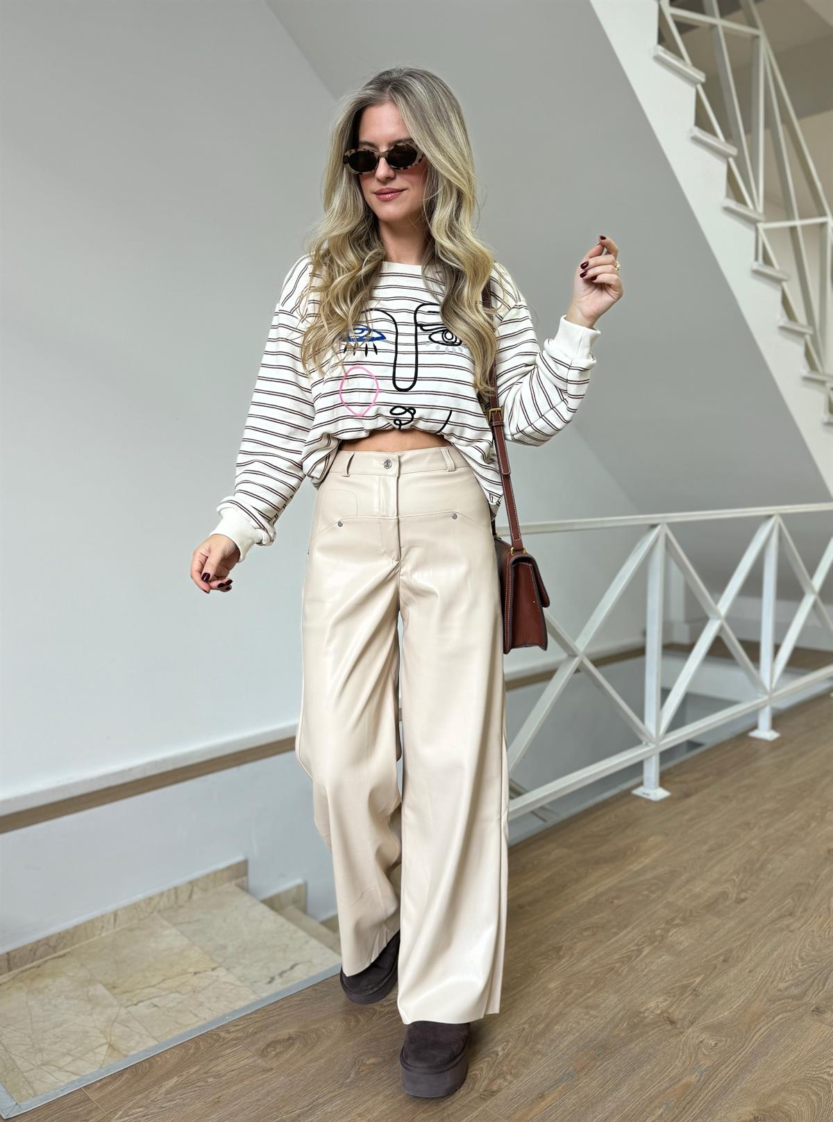 Nakış Detaylı Çizgili Sweatshirt - Kahverengi 