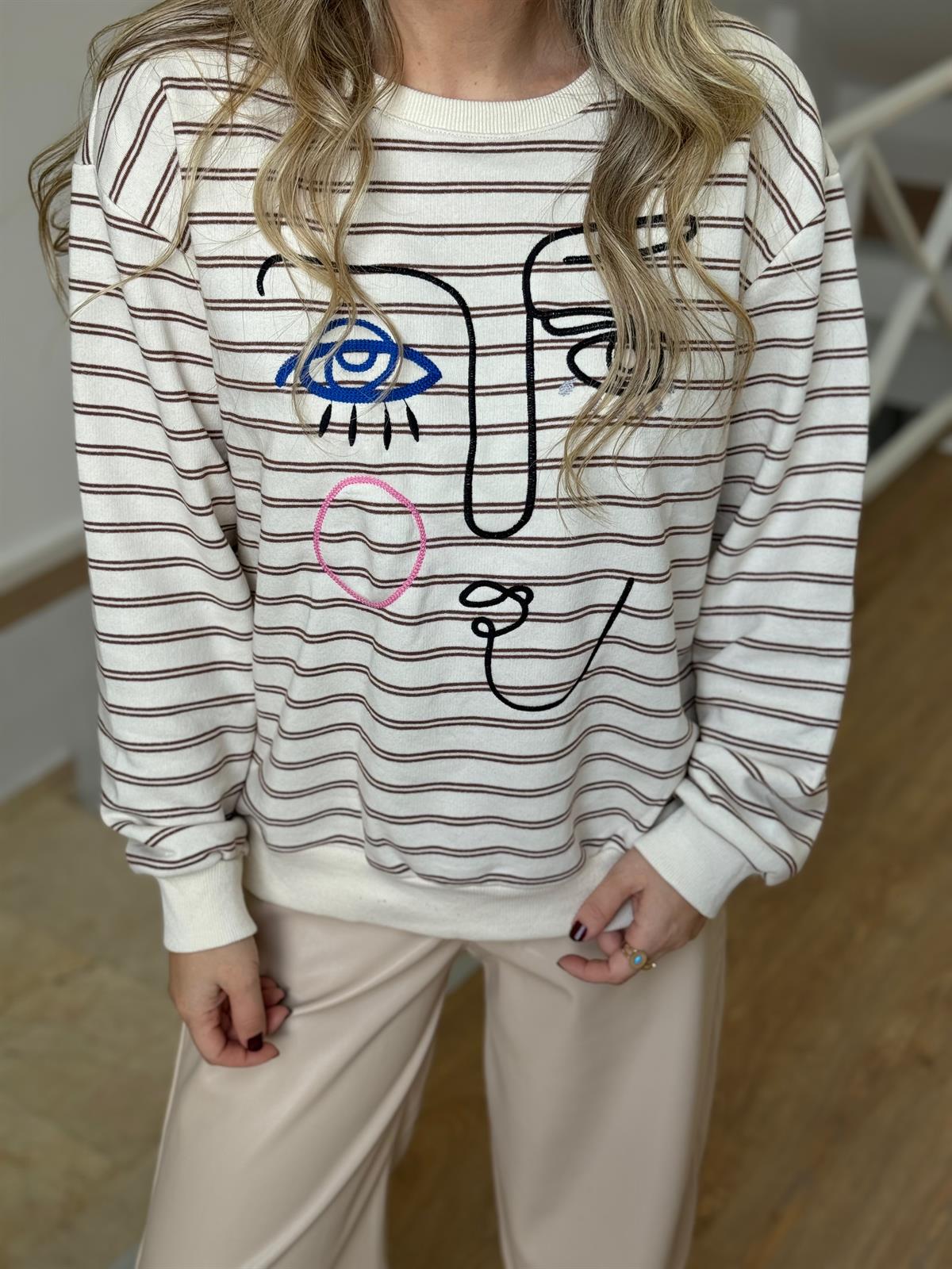 Nakış Detaylı Çizgili Sweatshirt - Kahverengi 