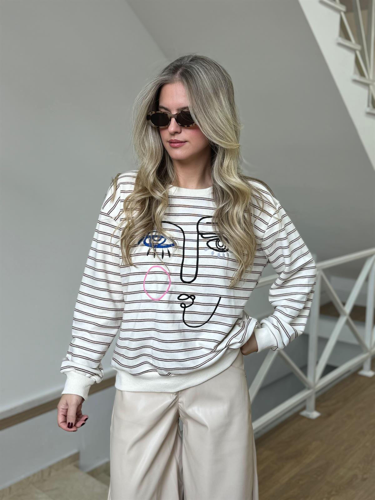 Nakış Detaylı Çizgili Sweatshirt - Kahverengi 