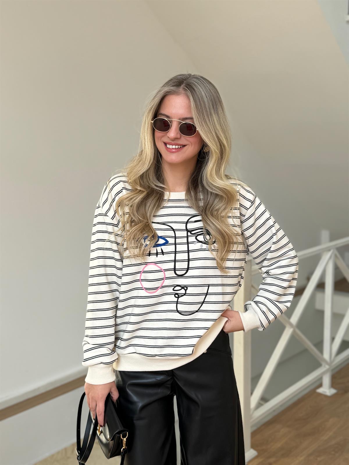 Nakış Detaylı Çizgili Sweatshirt - Siyah 
