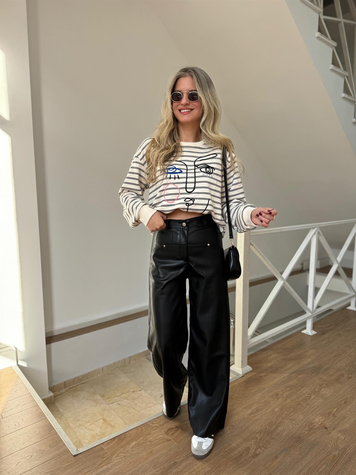 Nakış Detaylı Çizgili Sweatshirt - Siyah 