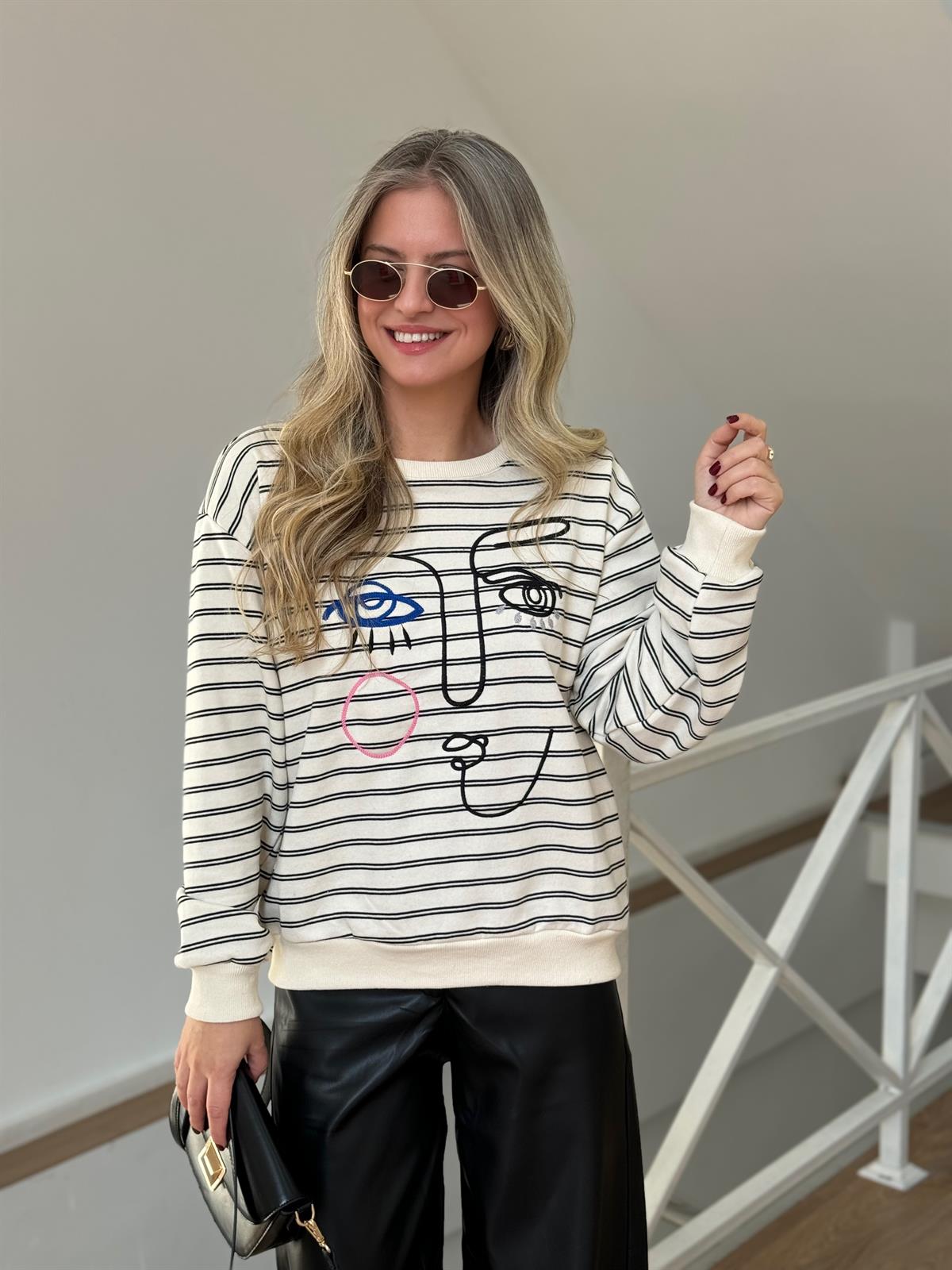 Nakış Detaylı Çizgili Sweatshirt - Siyah 