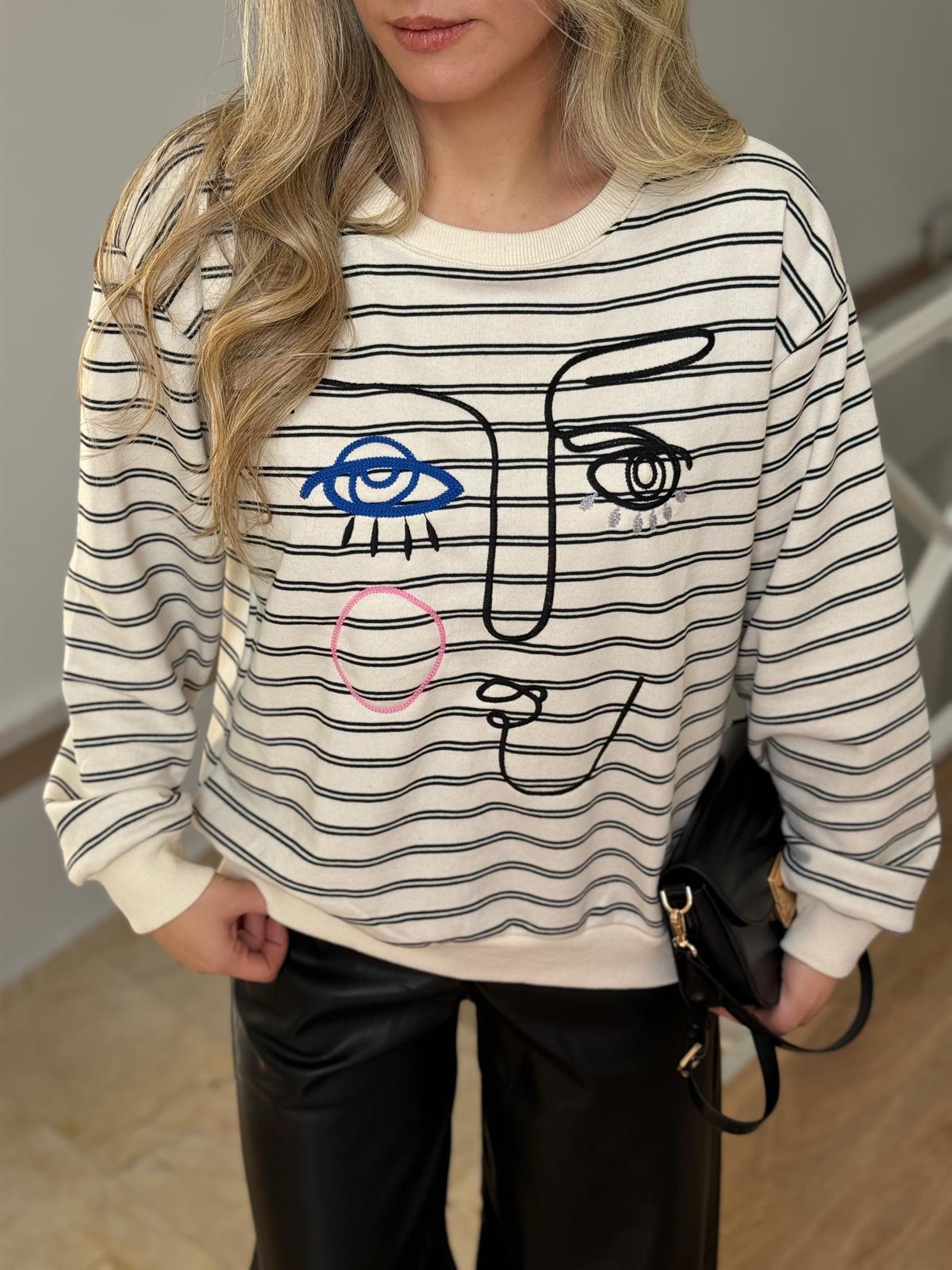 Nakış Detaylı Çizgili Sweatshirt - Siyah 