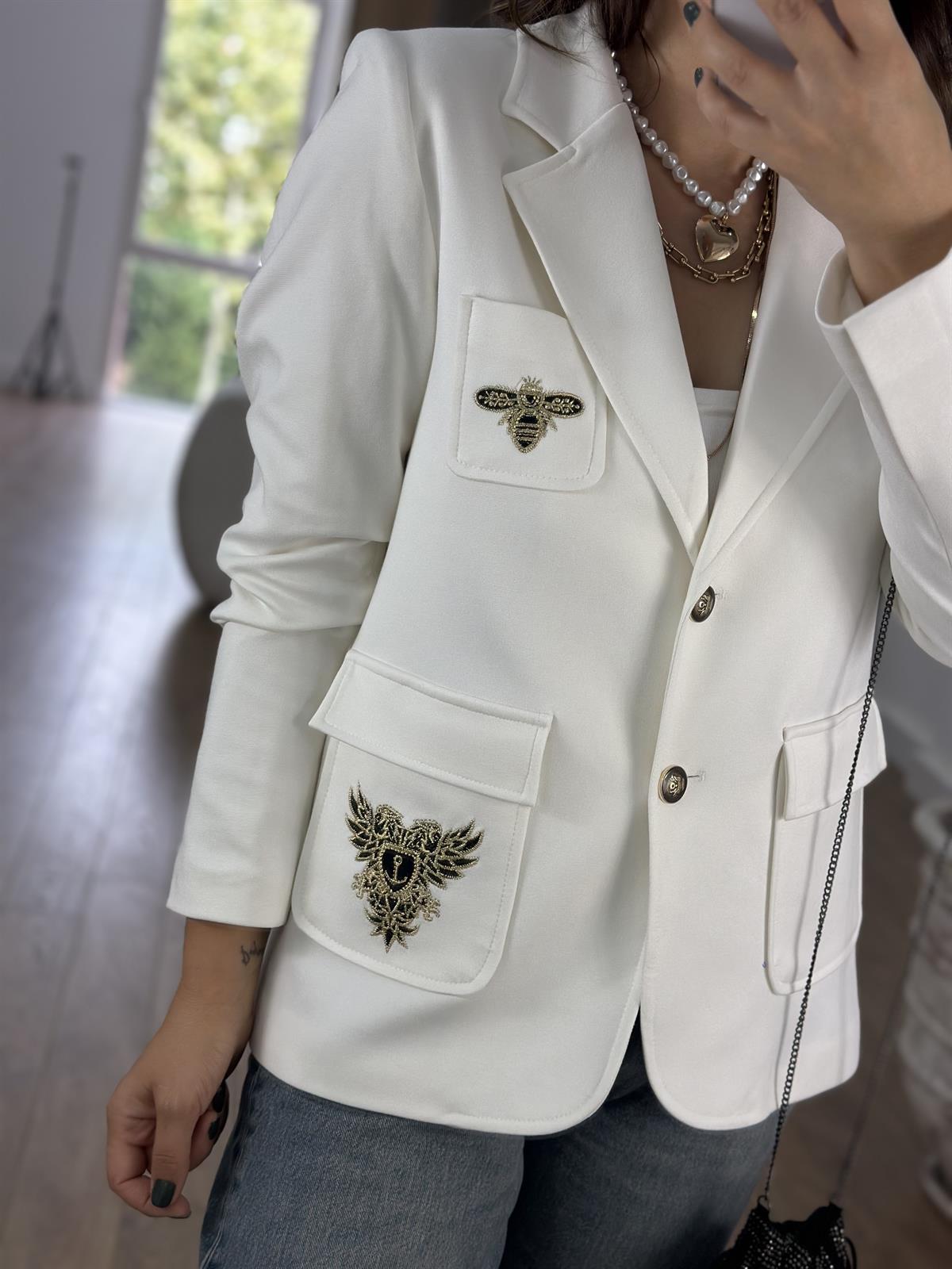 Nakış Detaylı Tasarım Ceket - Beyaz