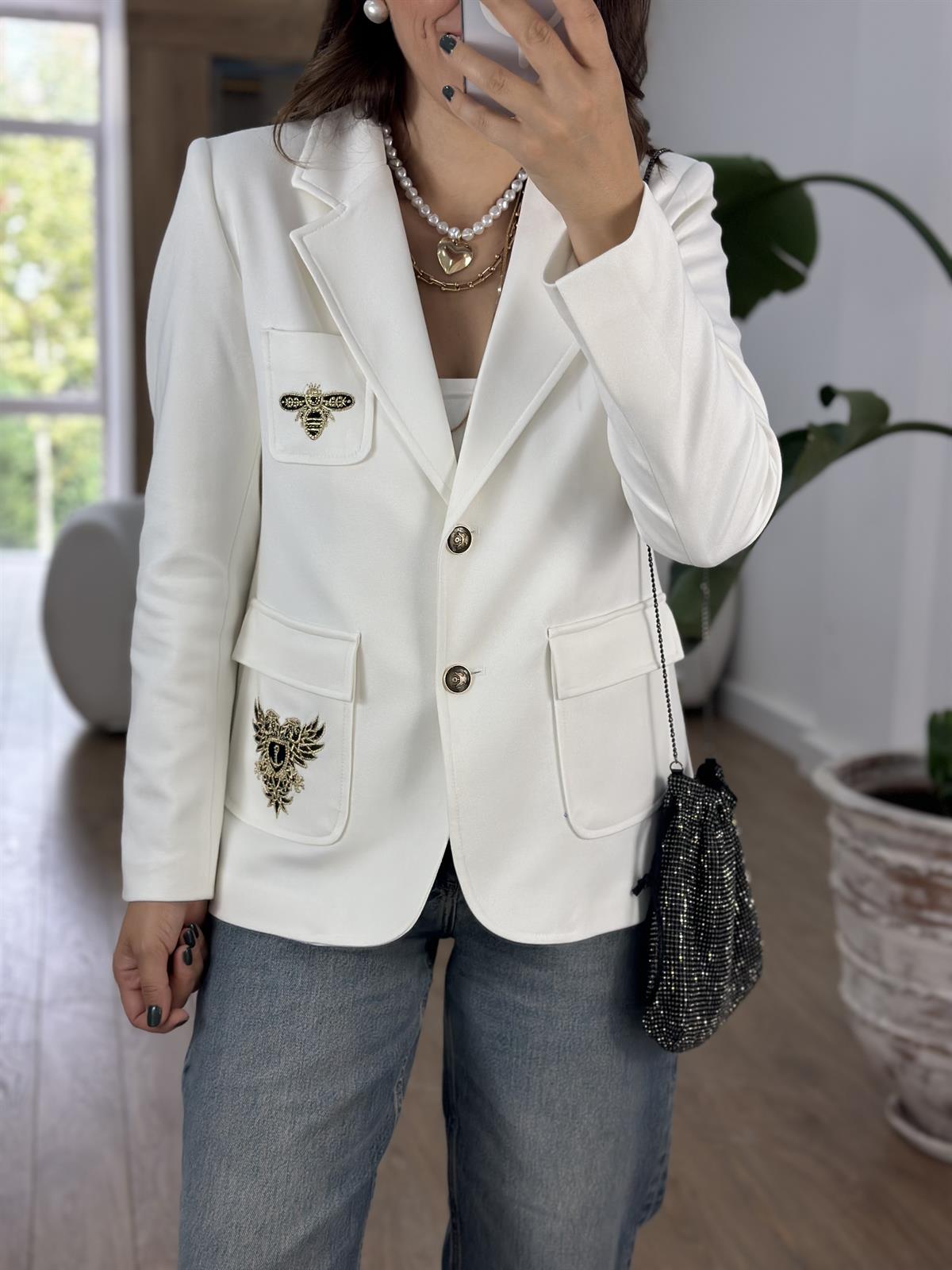 Nakış Detaylı Tasarım Ceket - Beyaz