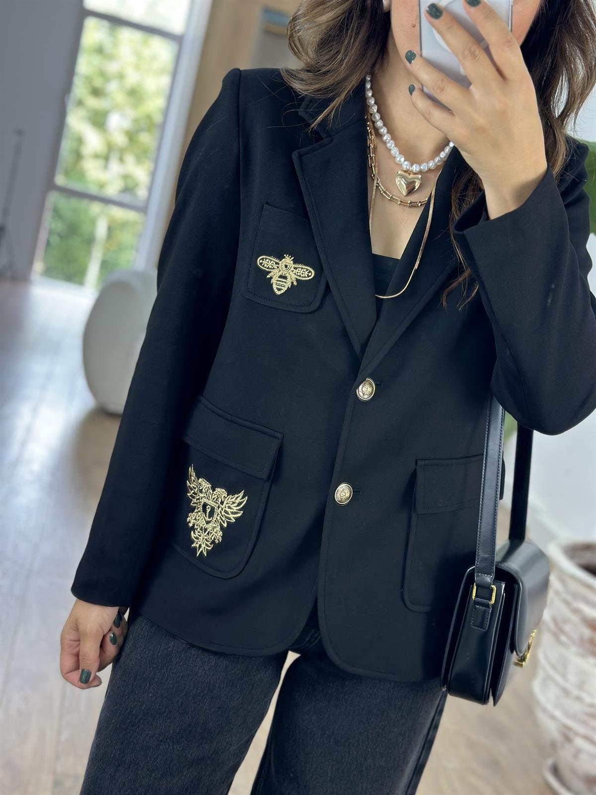 Nakış Detaylı Tasarım Ceket - Siyah