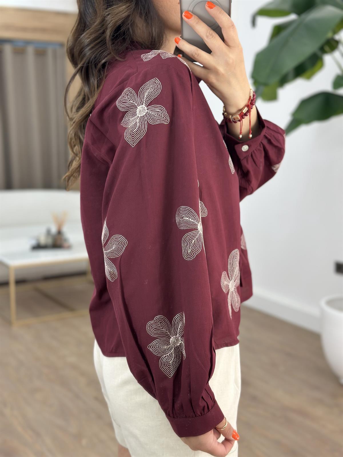 Nakış Detaylı Tasarım Gömlek - Bordo