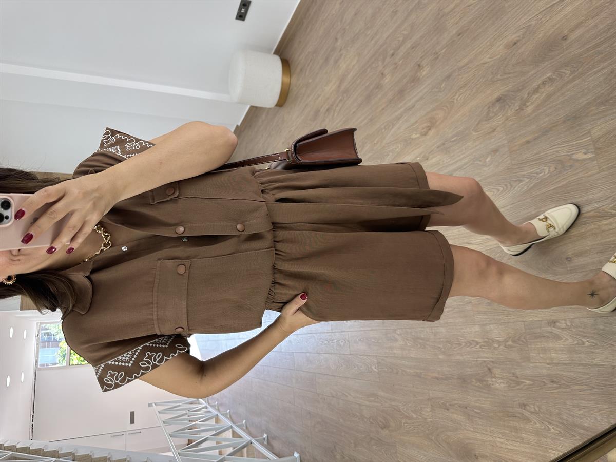 Nakış İşlemeli Keten Tulum-Kahve