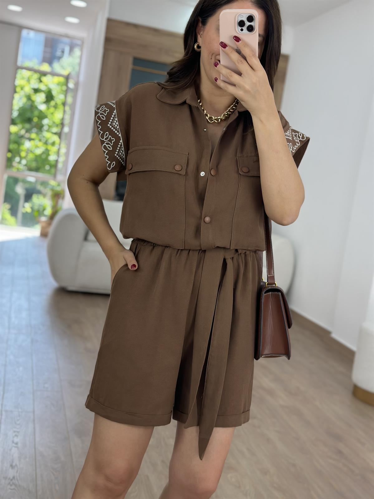 Nakış İşlemeli Keten Tulum-Kahve