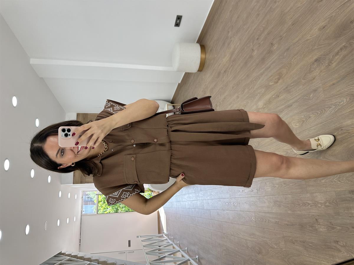 Nakış İşlemeli Keten Tulum-Kahve