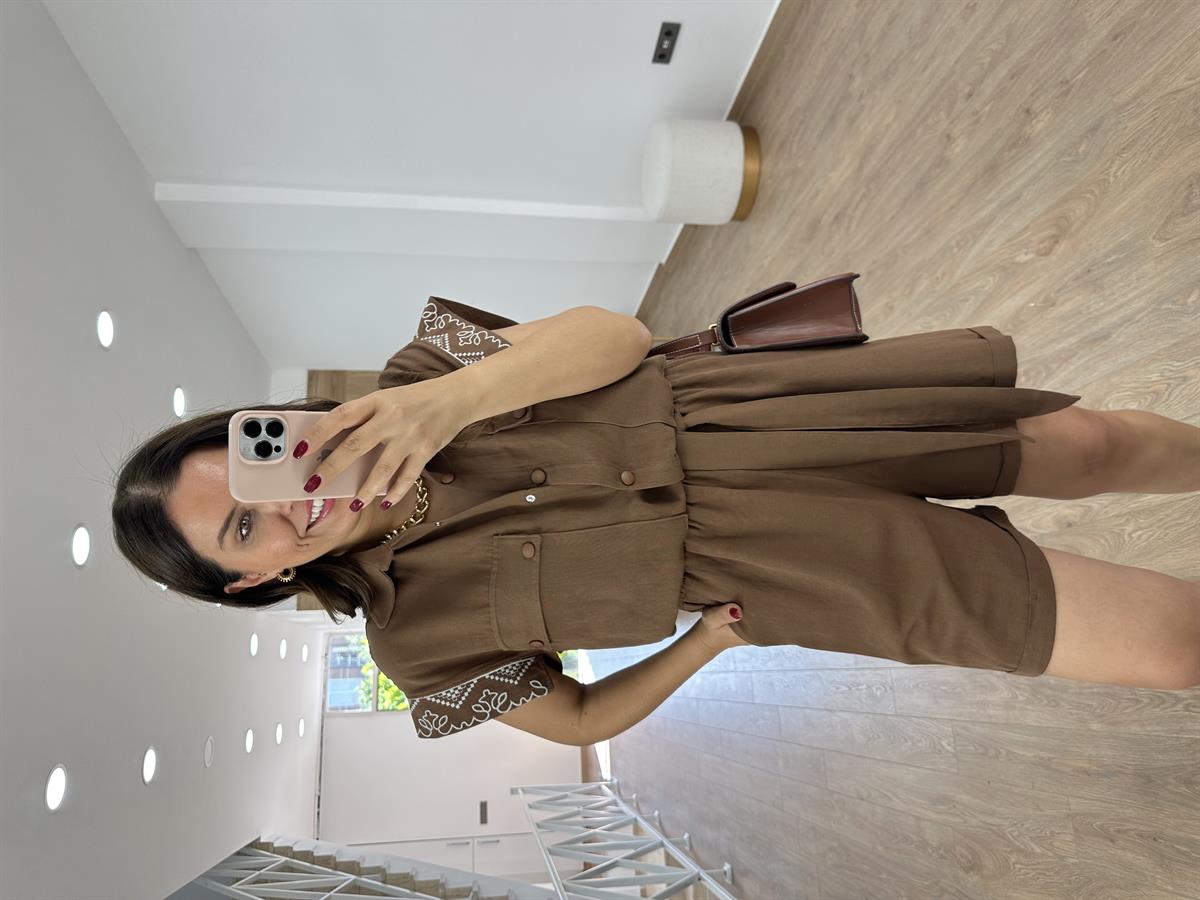 Nakış İşlemeli Keten Tulum-Kahve