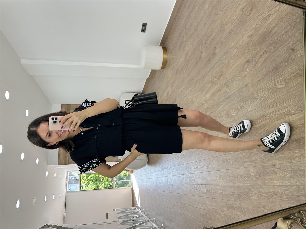 Nakış İşlemeli Keten Tulum-Siyah