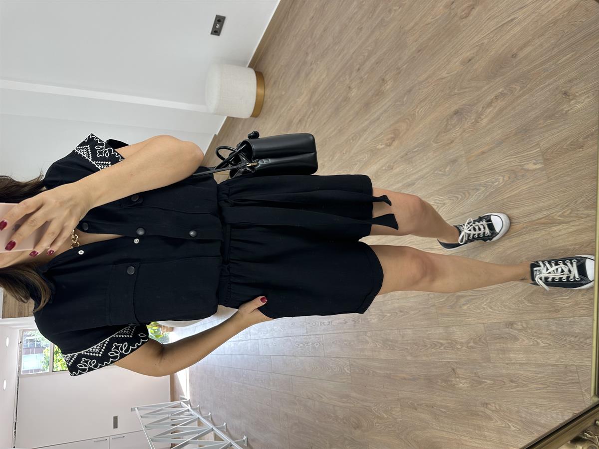 Nakış İşlemeli Keten Tulum-Siyah