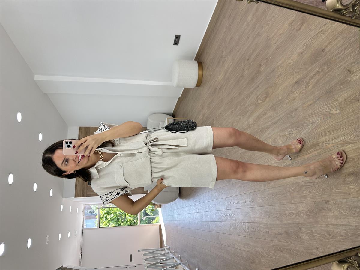 Nakış İşlemeli Keten Tulum-Taş