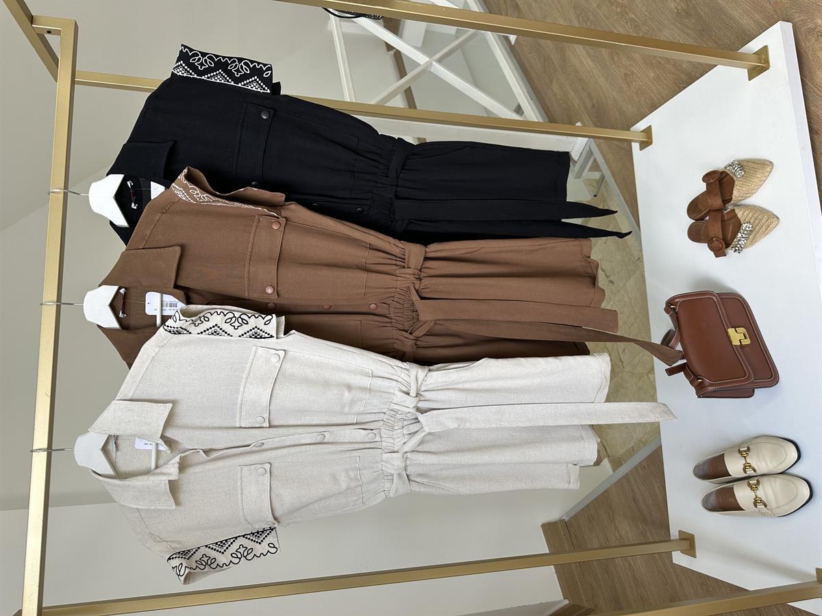 Nakış İşlemeli Keten Tulum-Taş