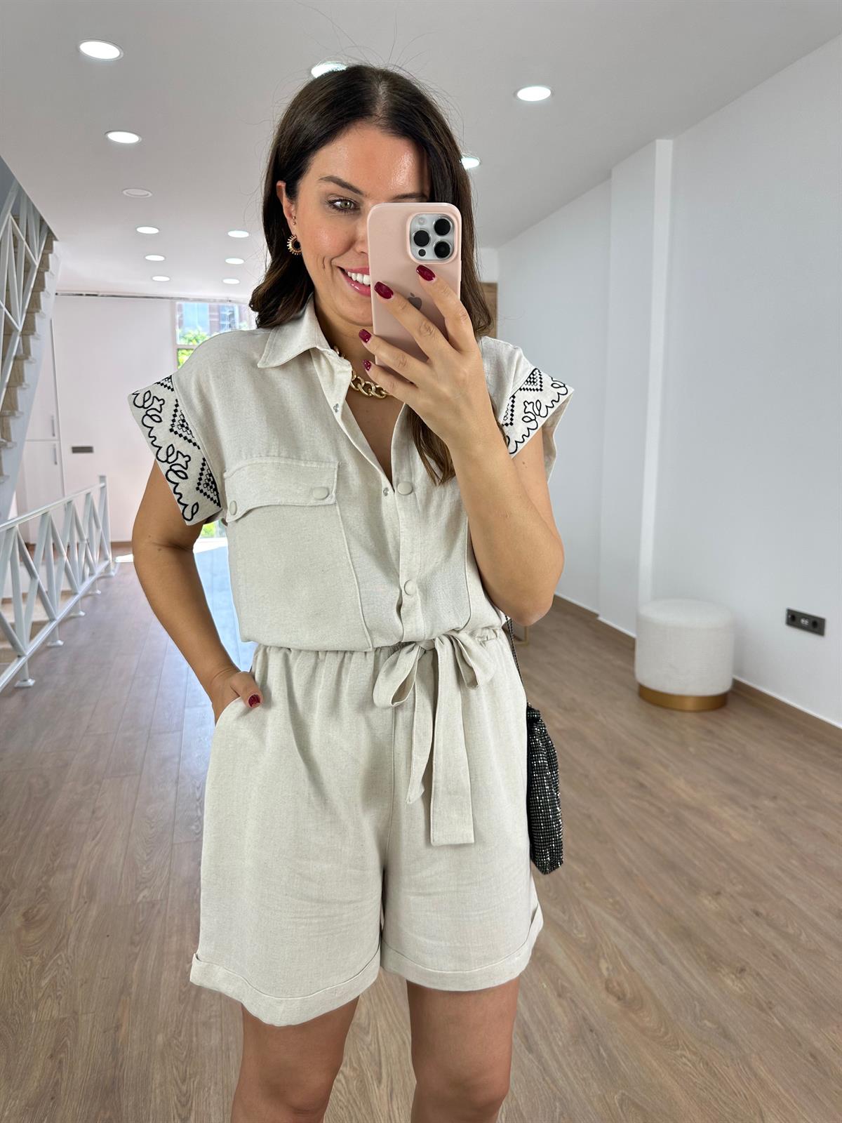 Nakış İşlemeli Keten Tulum-Taş