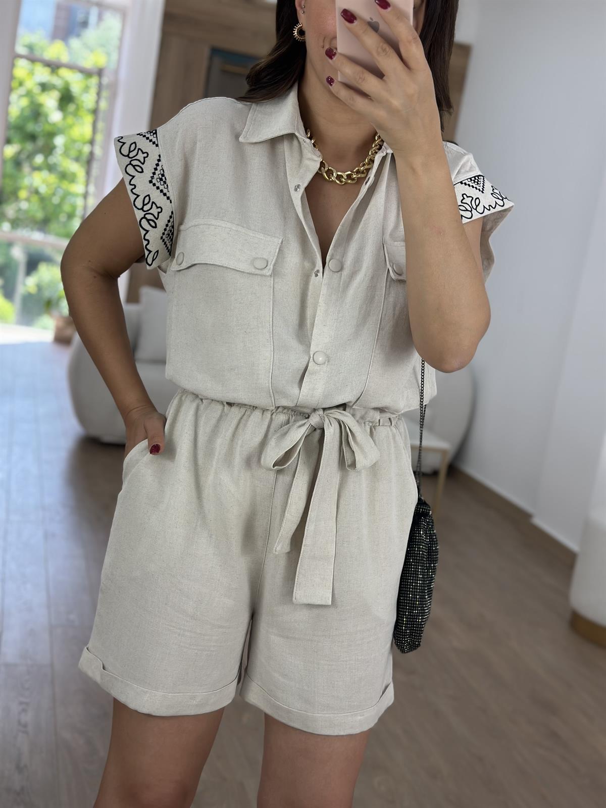 Nakış İşlemeli Keten Tulum-Taş