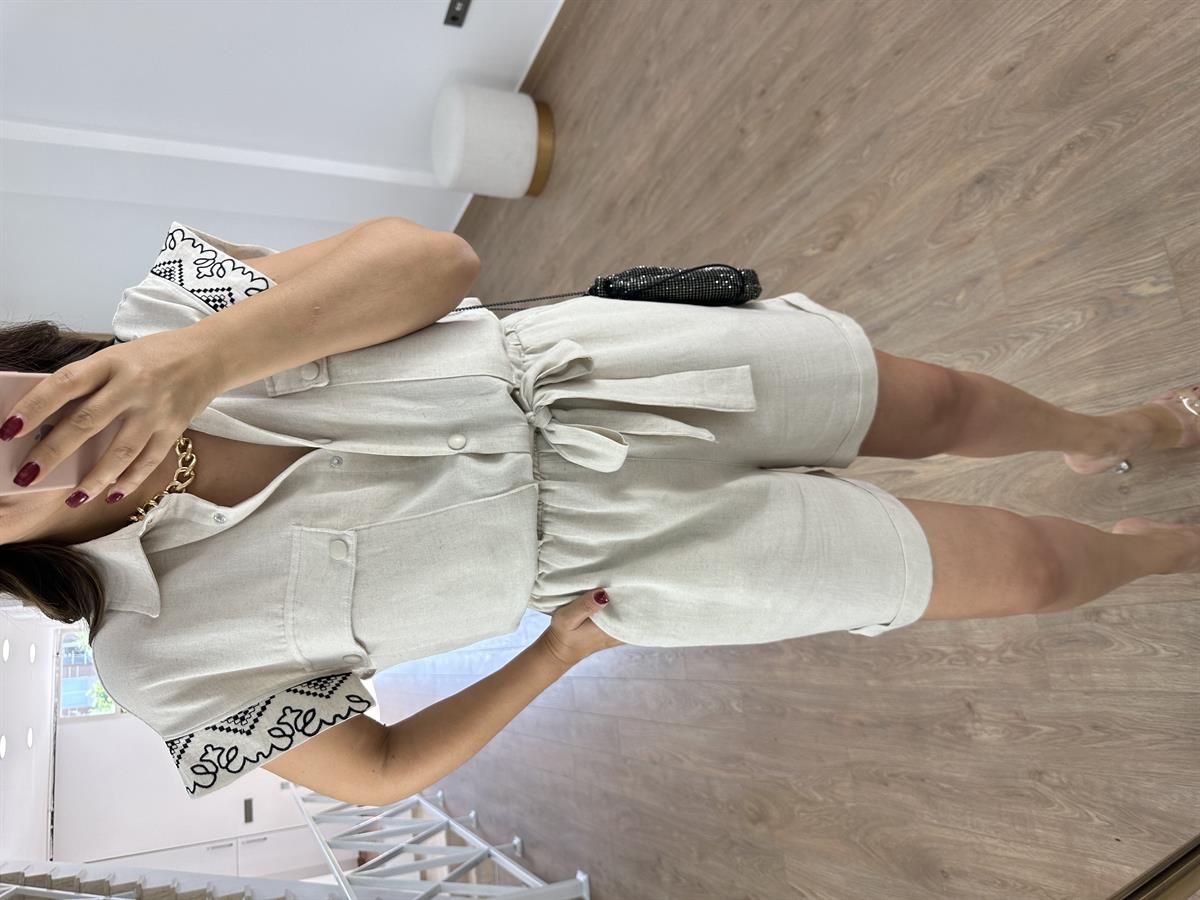 Nakış İşlemeli Keten Tulum-Taş