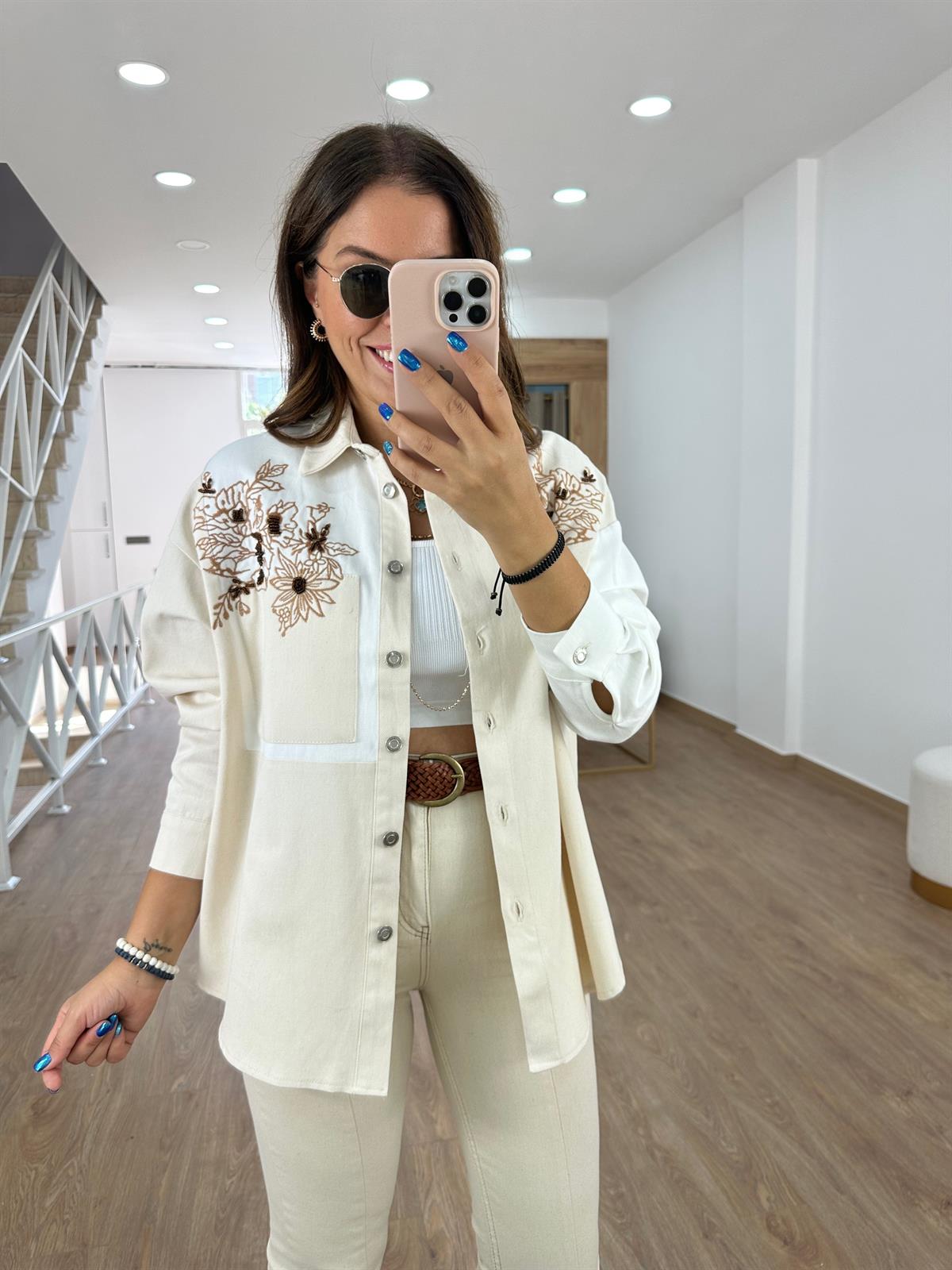 Nakışlı Çift Renk Oversize Gabardin Ceket -Ekru