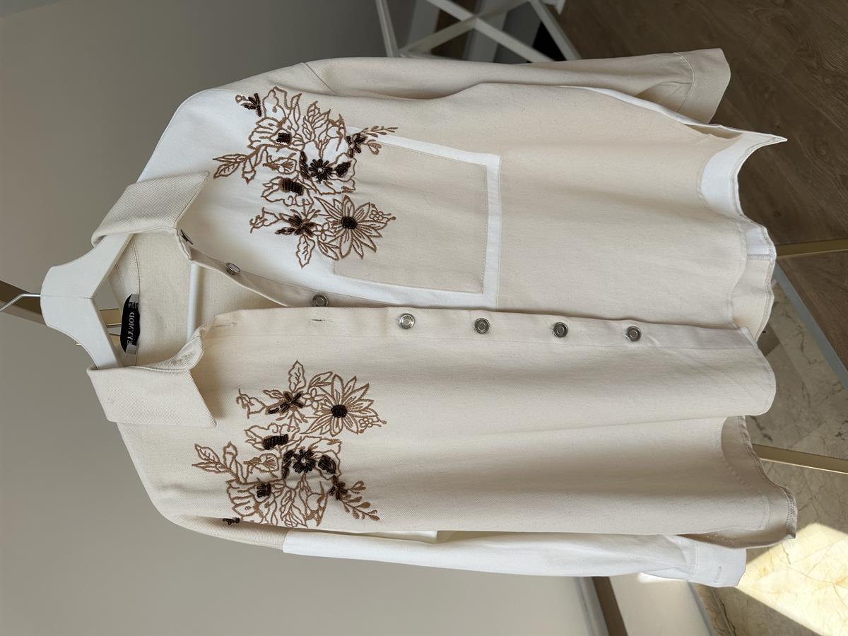 Nakışlı Çift Renk Oversize Gabardin Ceket -Ekru