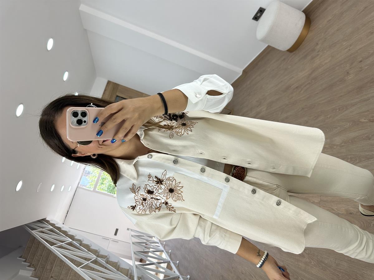 Nakışlı Çift Renk Oversize Gabardin Ceket -Ekru