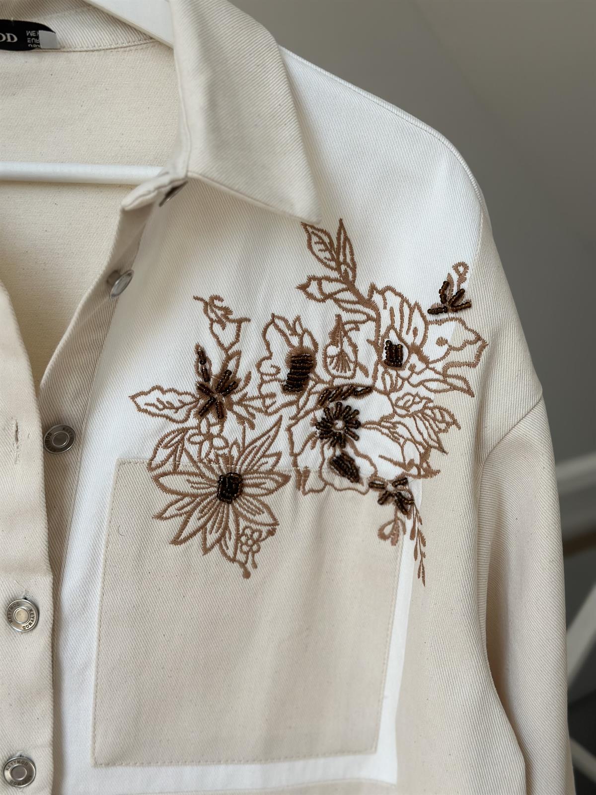 Nakışlı Çift Renk Oversize Gabardin Ceket -Ekru