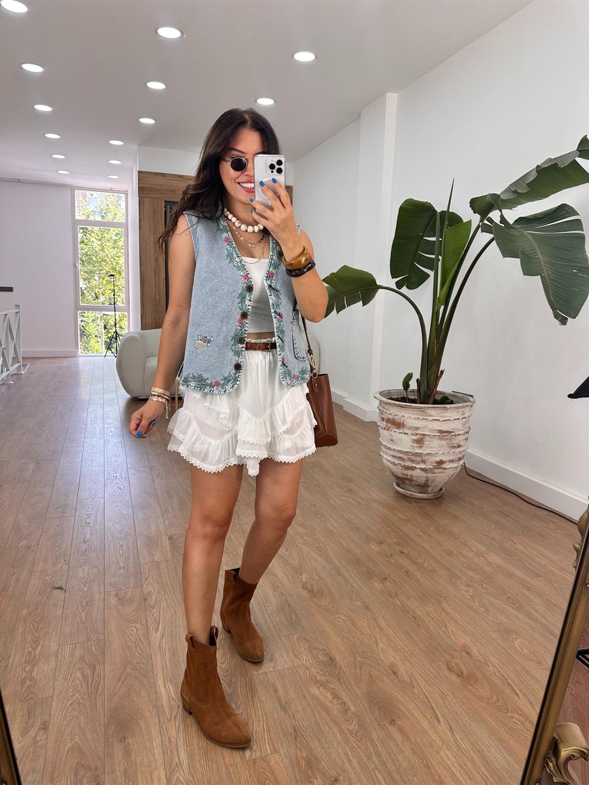 Nakışlı Denim Yelek