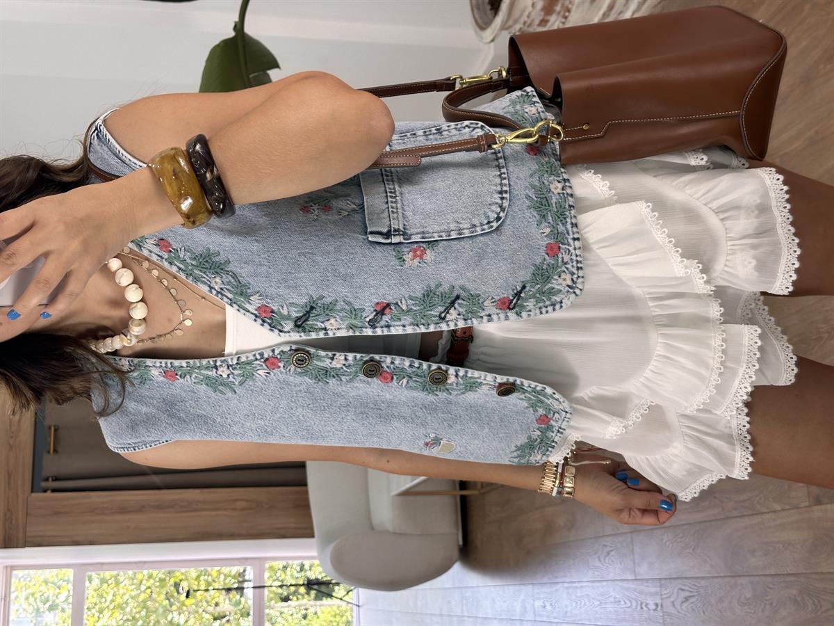 Nakışlı Denim Yelek