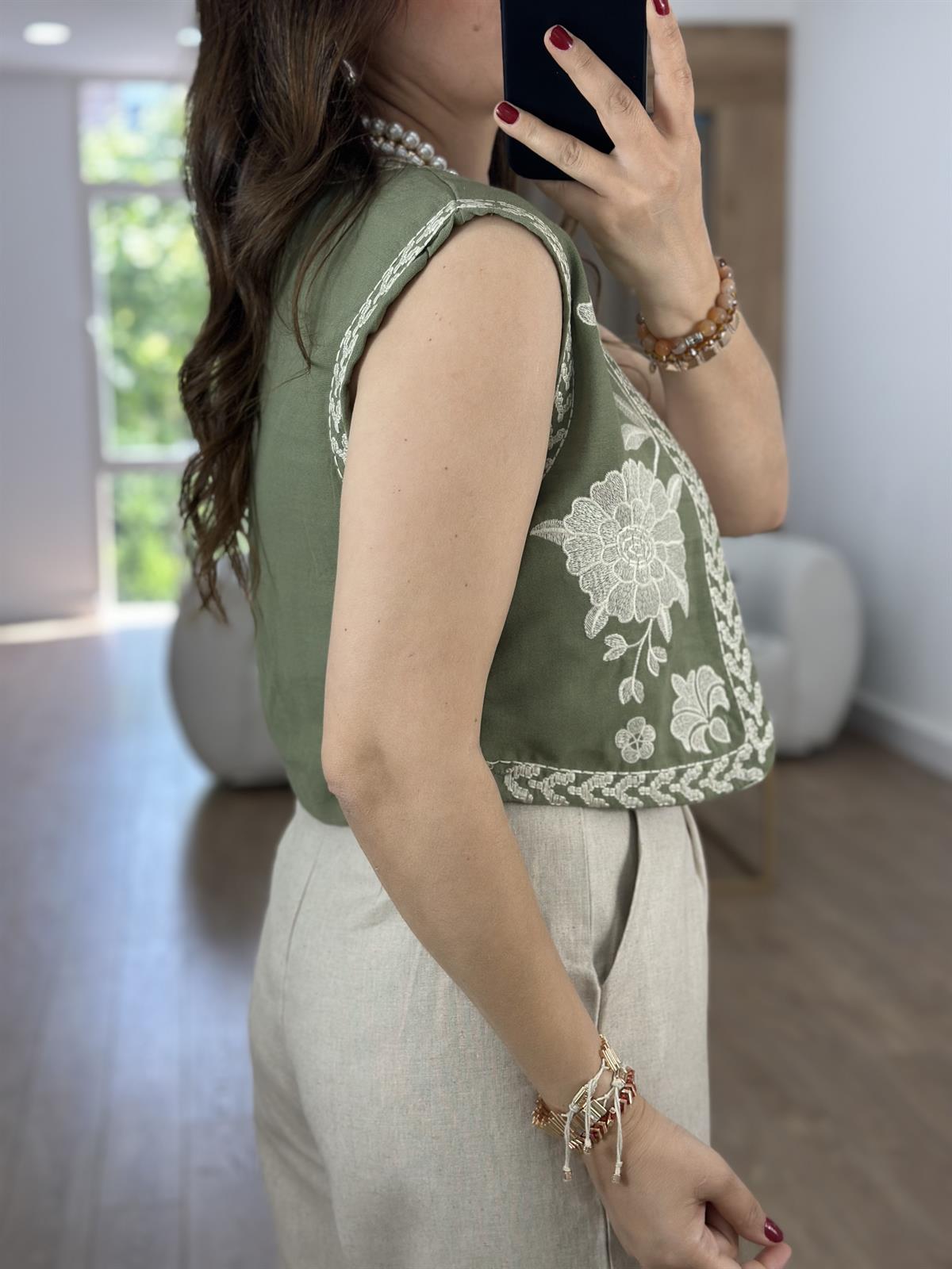 Nakışlı Keten Yelek-Haki