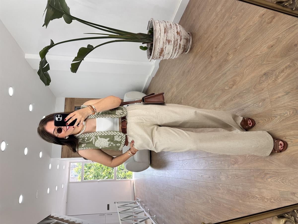 Nakışlı Keten Yelek-Haki