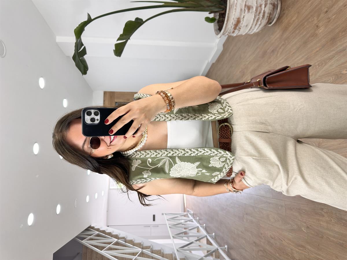 Nakışlı Keten Yelek-Haki