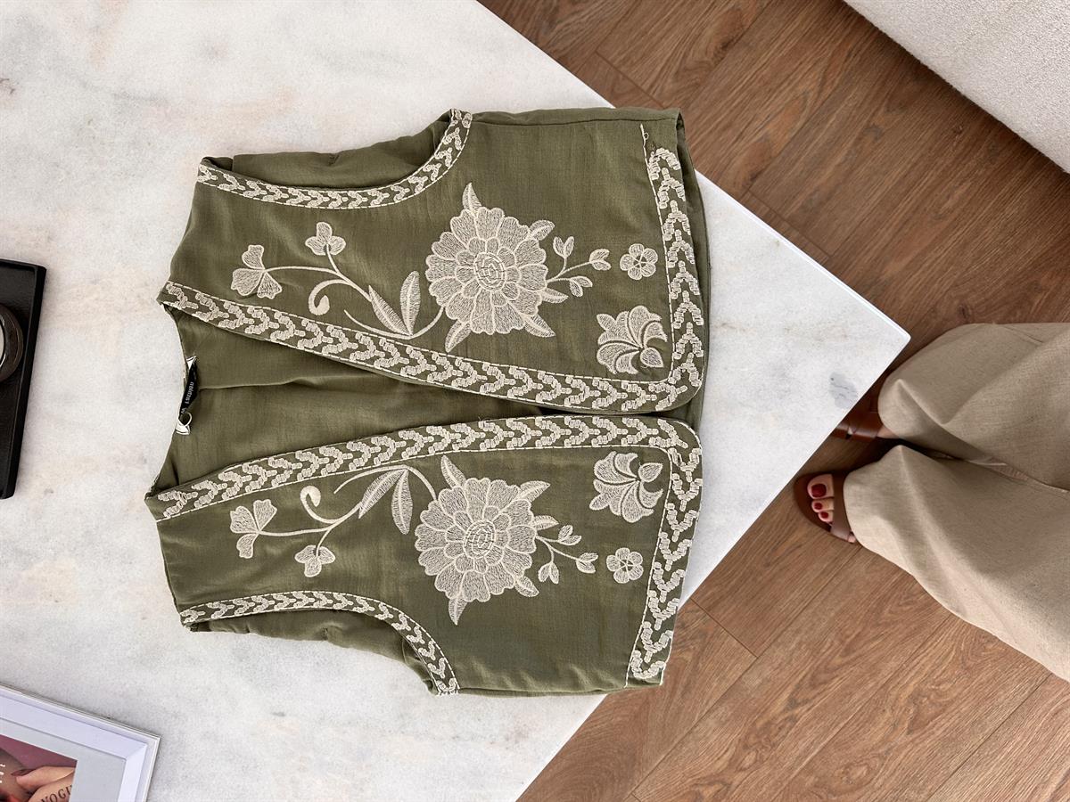 Nakışlı Keten Yelek-Haki