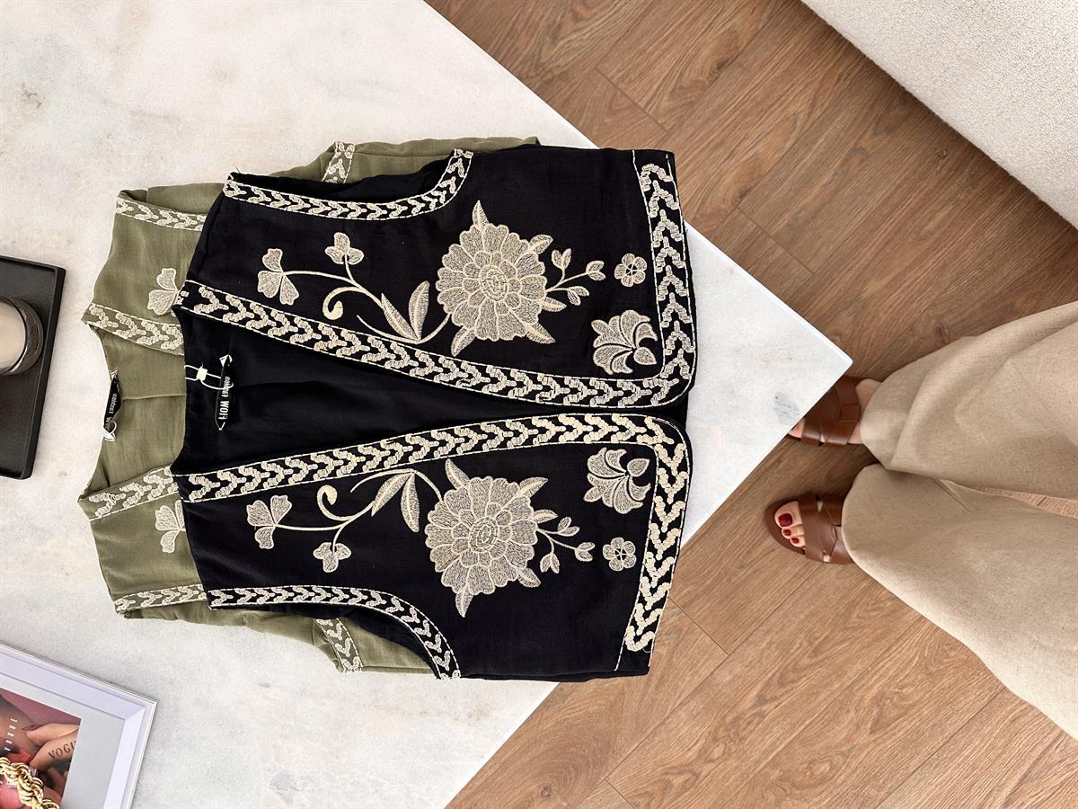 Nakışlı Keten Yelek-Siyah