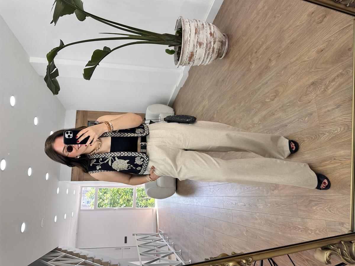 Nakışlı Keten Yelek-Siyah