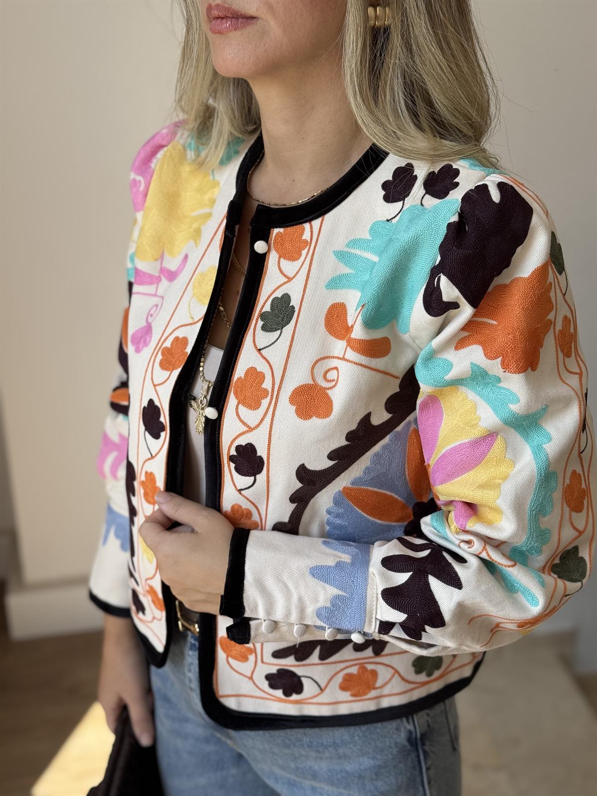 Nakışlı Renkli Gabardin Ceket