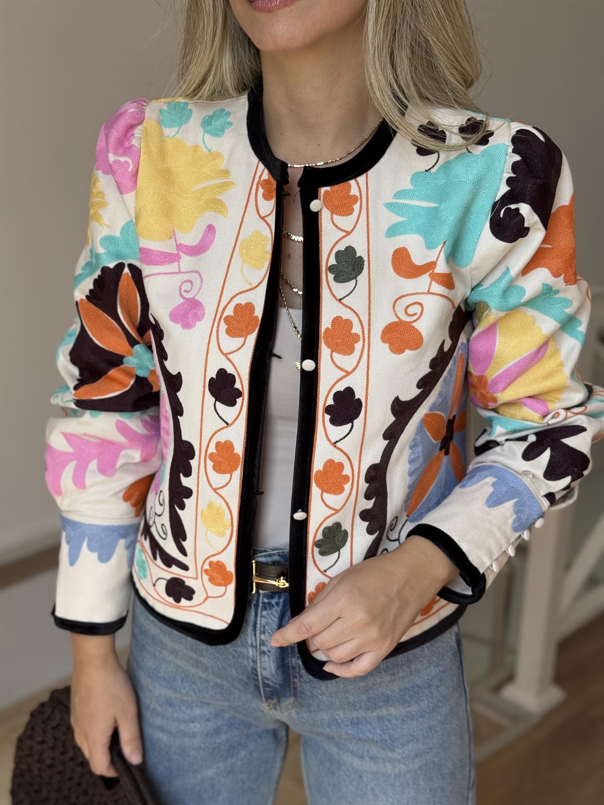 Nakışlı Renkli Gabardin Ceket