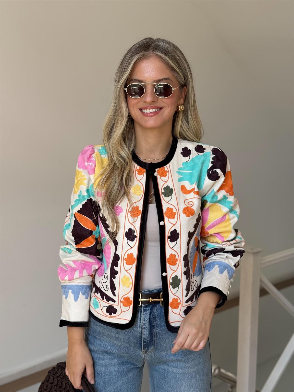 Nakışlı Renkli Gabardin Ceket