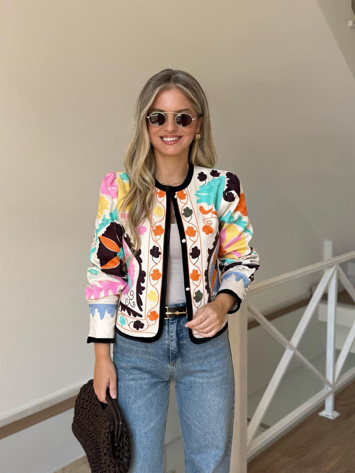 Nakışlı Renkli Gabardin Ceket